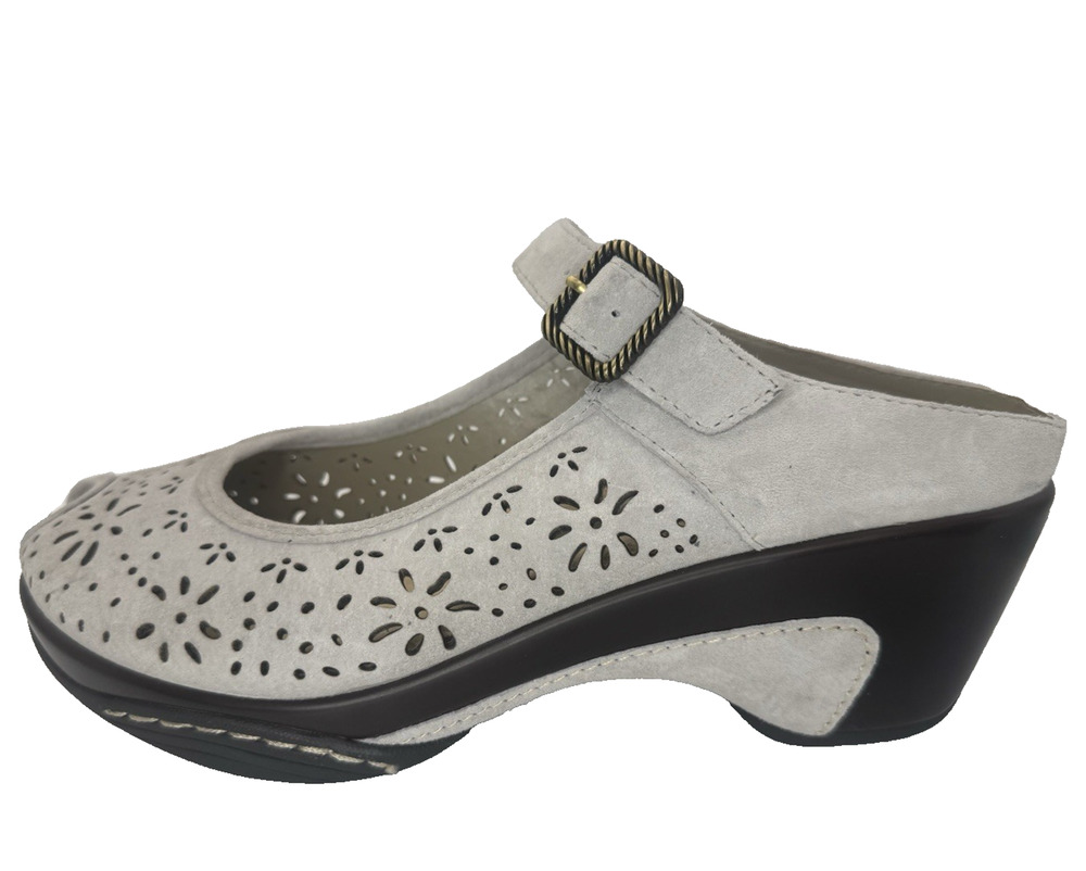 White Mountain 10 Leather Mary Jane Clog Wedge Mule Peep Toe Beige Stone NWT